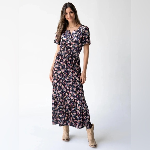 Natural Life Tiered Velvet Maxi Dress Women’s Medium Black Floral Cottagecore - Picture 1 of 12